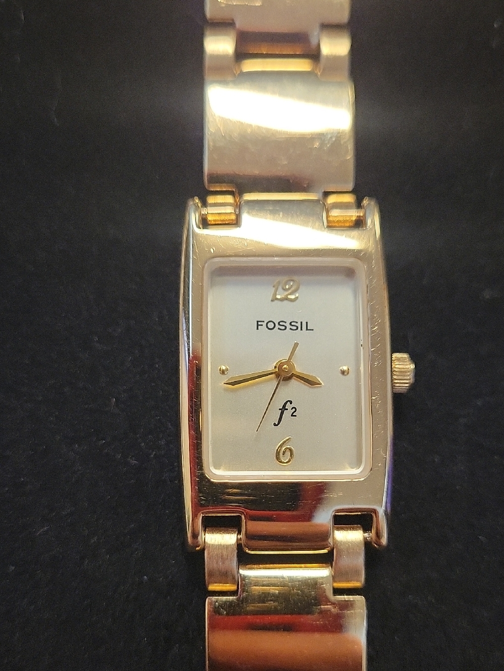 Fossil Gold Tone Rectangular Bracelet Watch with White Dial